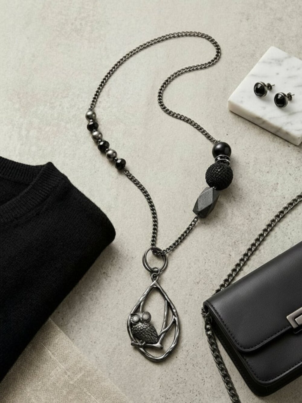 Long Gunmetal Owl Pendant Boho Style Statement Necklace Chain